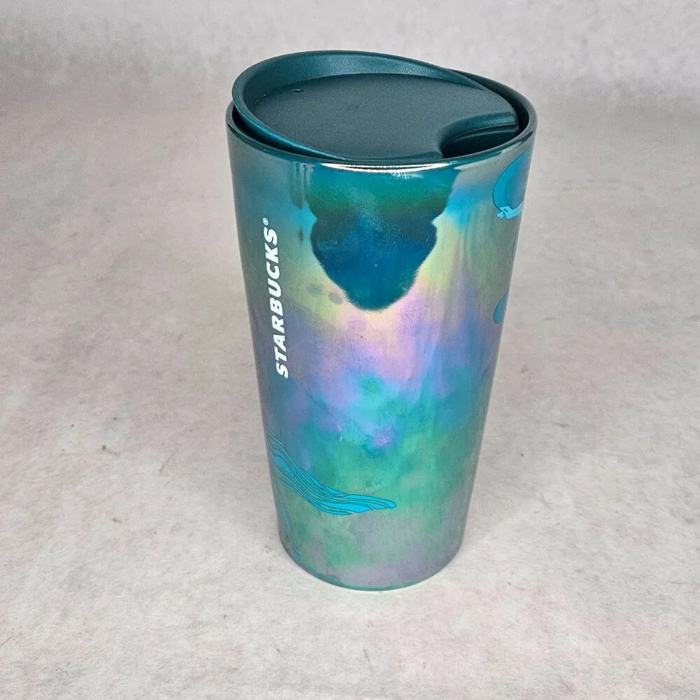 Starbucks Blue Green Siren Logo Iridescent Mermaid Ceramic Coffee Cup with Lid - Picture 4 of 8